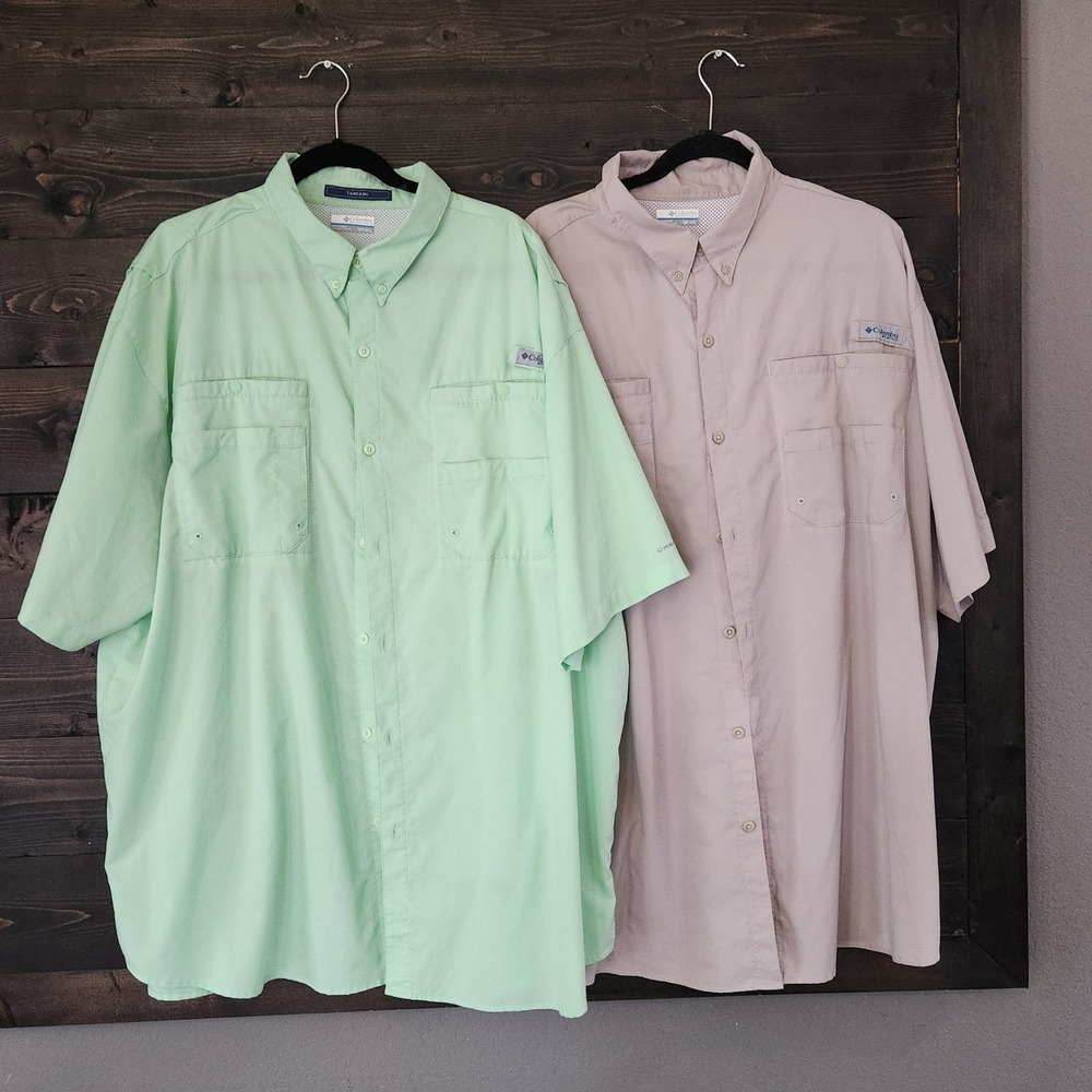 Lot of 2 Columbia PFG Tamiami II Fishing Shirts Mens 3XT Green Tan Short Sleeve